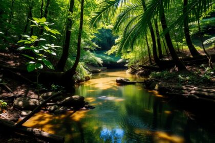 Rejtett forrás a természetben, zöld erdő és nyugodt víz.