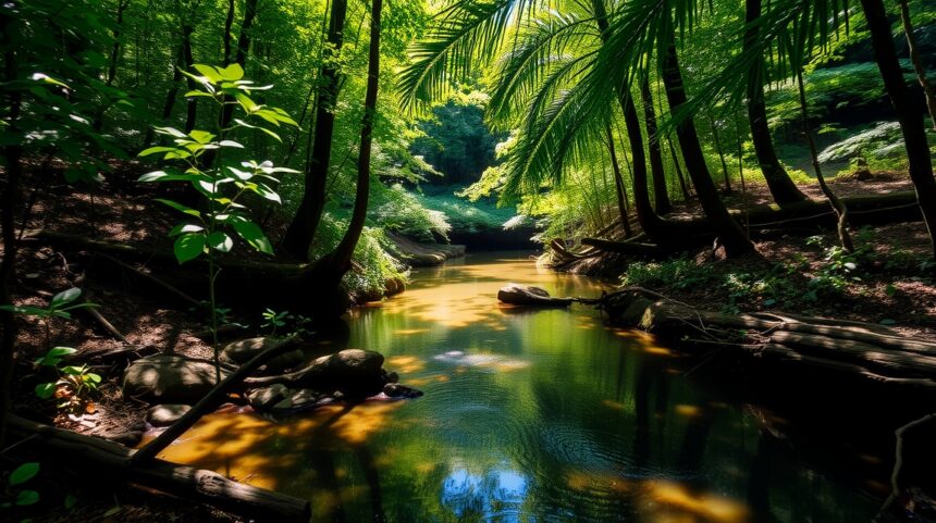 Rejtett forrás a természetben, zöld erdő és nyugodt víz.