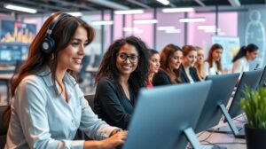 Női technológiai szakemberek együttműködése egy irodában.