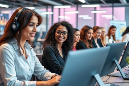 Női technológiai szakemberek együttműködése egy irodában.