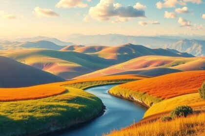 Gyönyörű táj egy folyóval, színes dombokkal és felhőkkel.