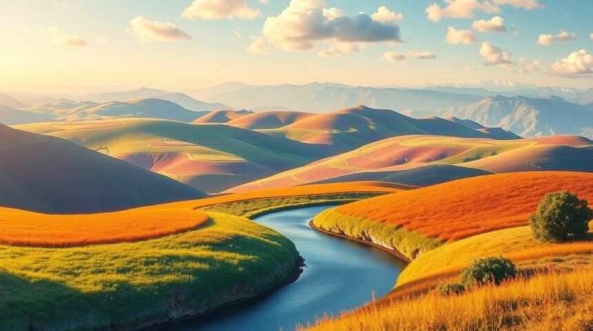 Gyönyörű táj egy folyóval, színes dombokkal és felhőkkel.