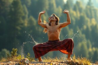 Férfi energikus táncot lejt a természetben, szabadság és öröm kifejezése.