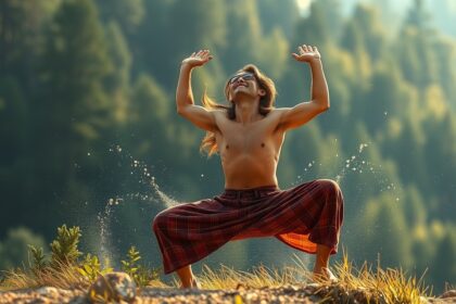 Férfi energikus táncot lejt a természetben, szabadság és öröm kifejezése.