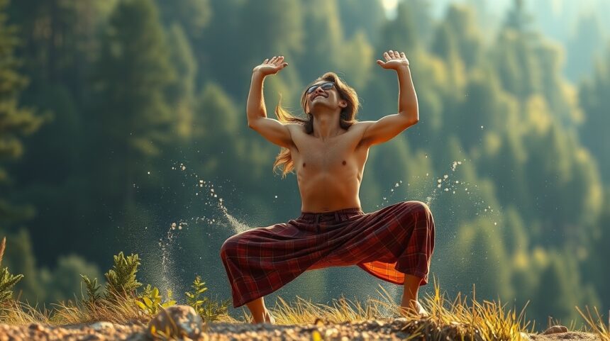 Férfi energikus táncot lejt a természetben, szabadság és öröm kifejezése.