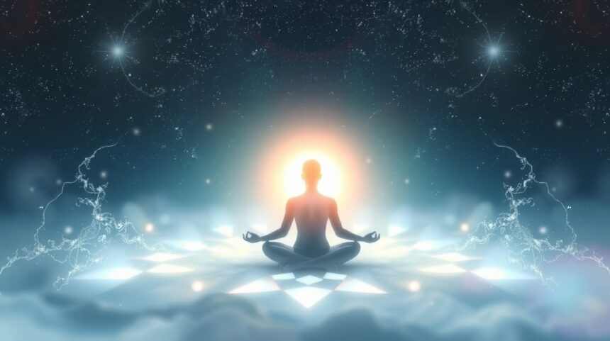 Meditáló személy energetikai védelem és spiritualitás témában