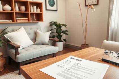 Modern íróasztal egy kényelmes szobában önéletrajz írásához.