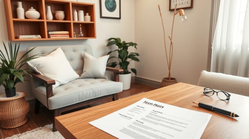 Modern íróasztal egy kényelmes szobában önéletrajz írásához.