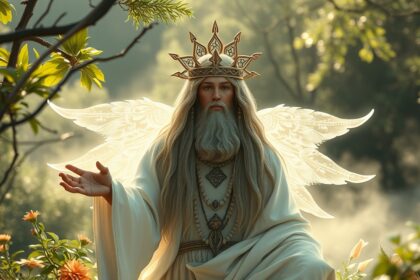 Spirituális vezető reneszánsz stílusban, angyali szárnyakkal.