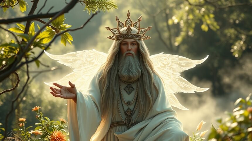 Spirituális vezető reneszánsz stílusban, angyali szárnyakkal.