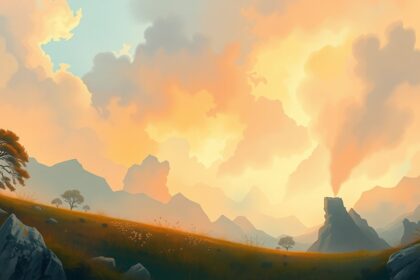 Szép táj naplementében, hegyekkel és fákkal a háttérben.