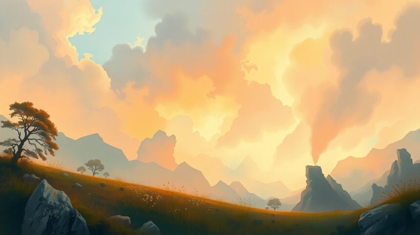 Szép táj naplementében, hegyekkel és fákkal a háttérben.