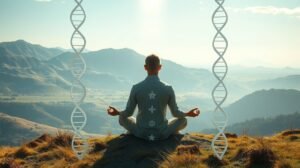 womensway 134 Meditáló személy a hegyekben, génspirálokkal a háttérben.