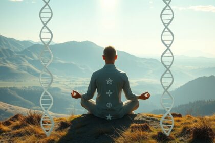 Meditáló személy a hegyekben, génspirálokkal a háttérben.