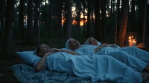 Szellemi vezetők pihenése a természetben, naplemente háttérrel.