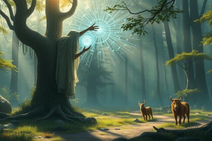 Titokzatos lény interakcióban a természet erejével a fák között.