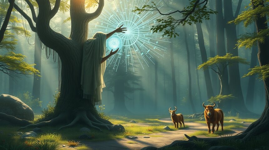 Titokzatos lény interakcióban a természet erejével a fák között.