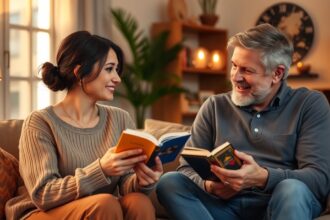 Párolvasás közben nevető fiatal nő és férfi a kanapén.