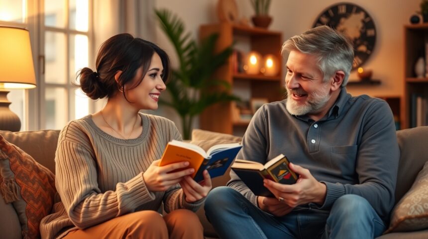 Párolvasás közben nevető fiatal nő és férfi a kanapén.