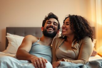 Boldog pár együtt a hálószobában, intim pillanatokkal.