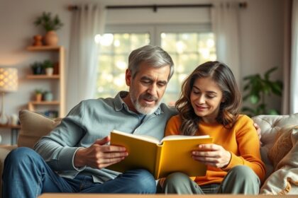 Párhuzamosan tanuló pár, közeli kapcsolatot erősítve könyv olvasása közben.