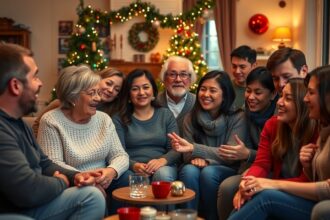 Ünnepi találkozó, ahol barátok és családtagok együtt nevetnek.