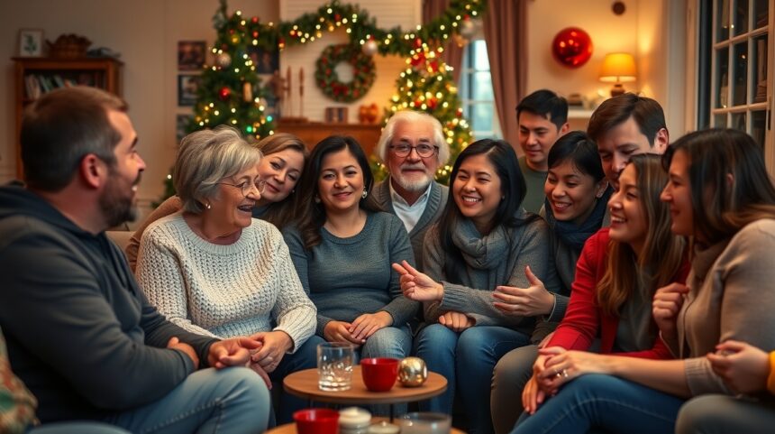 Ünnepi találkozó, ahol barátok és családtagok együtt nevetnek.