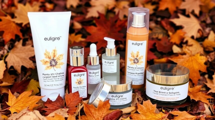 Őszi szépségápolási termékek különböző bőrápolási megoldásokkal.