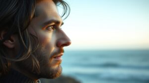 Férfi arc profilból nézve, a tengerparton állva