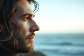 Férfi arc profilból nézve, a tengerparton állva