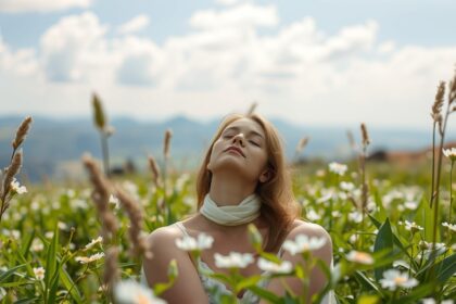 Nő a virágok között, aki a természet nyugalmát élvezi.