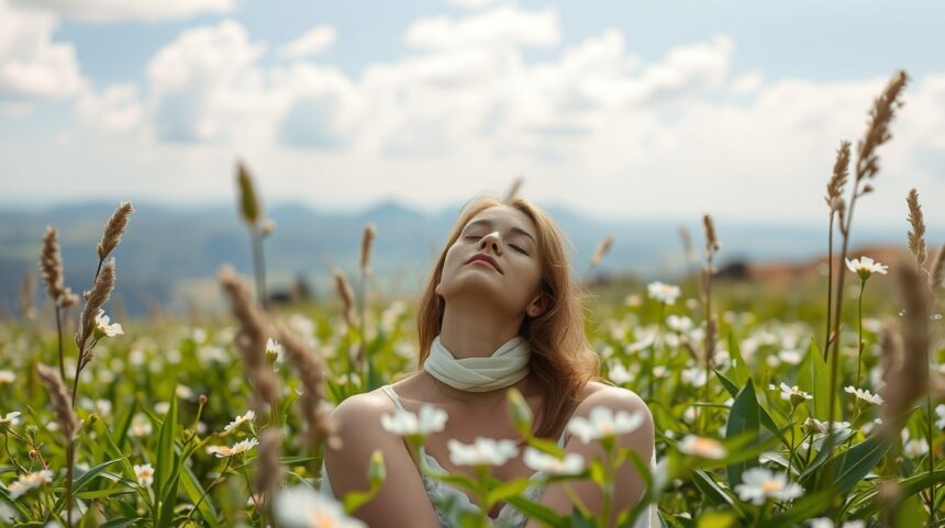 Nő a virágok között, aki a természet nyugalmát élvezi.