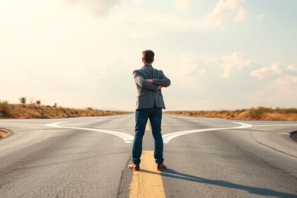 Férfi áll egy kereszteződésnél, döntés előtt