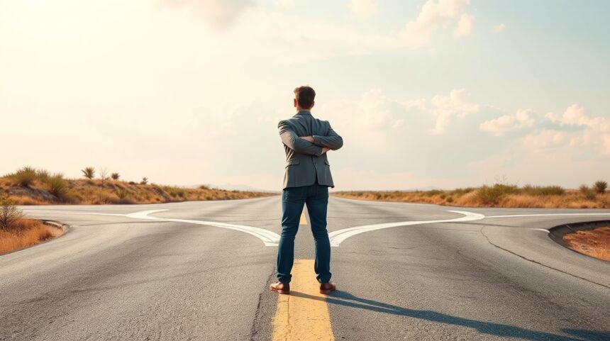 Férfi áll egy kereszteződésnél, döntés előtt