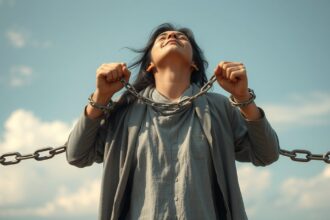 Egy ember, aki megbontja a láncokat, a szabadságot szimbolizálva.