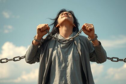 Egy ember, aki megbontja a láncokat, a szabadságot szimbolizálva.