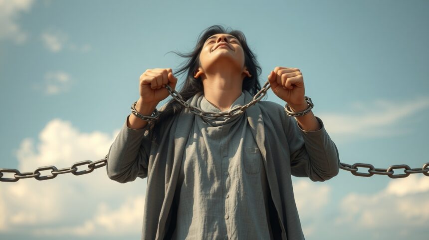 Egy ember, aki megbontja a láncokat, a szabadságot szimbolizálva.
