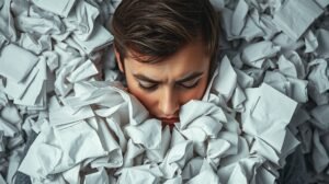 Egy fiatal férfi szorongva ül egy papírgombolyag között.