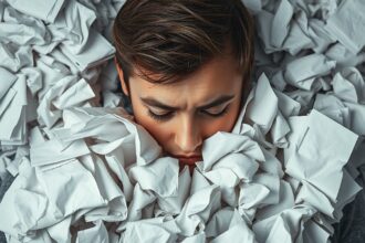 Egy fiatal férfi szorongva ül egy papírgombolyag között.