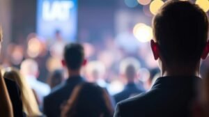 Emberi tömeg, amely figyel egy előadást a színpadon.