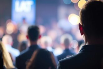 Emberi tömeg, amely figyel egy előadást a színpadon.