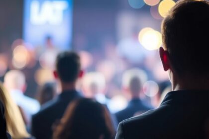 Emberi tömeg, amely figyel egy előadást a színpadon.