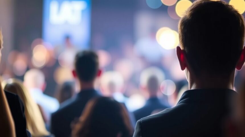 Emberi tömeg, amely figyel egy előadást a színpadon.
