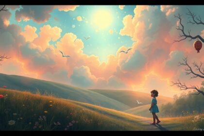 Egy gyerek álmodozik egy varázslatos tájon, ahol gyönyörű felhők és virágok vannak.