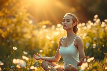 Nő meditál a virágos réten, napfényben, az önelfogadásért.