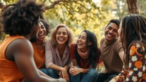 Barátok örömmel együtt ülnek a természetben, közösségi esemény.