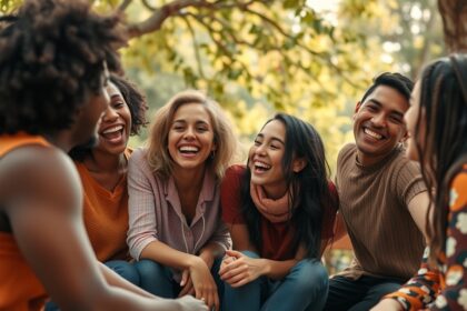 Barátok örömmel együtt ülnek a természetben, közösségi esemény.