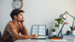 Fiatal férfi gondolkodik az időgazdálkodásról az íróasztalánál