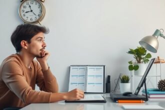 Fiatal férfi gondolkodik az időgazdálkodásról az íróasztalánál