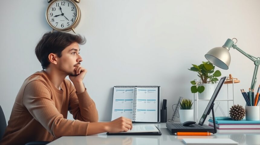 Fiatal férfi gondolkodik az időgazdálkodásról az íróasztalánál